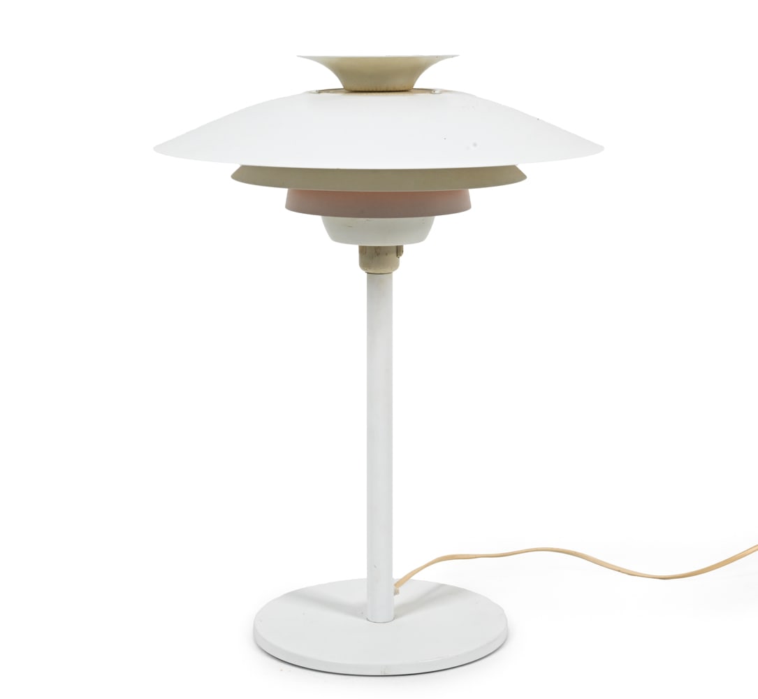 DANISH TABLE LAMP BY SIMON HENNINGSEN: For Lyskjaer. Painted aluminum. Circa 1970's. Dimensions: H 21.25" x Dia. 16.25". Condition: Minor surface soiling. Wiring untested. Minor scuffs to base.