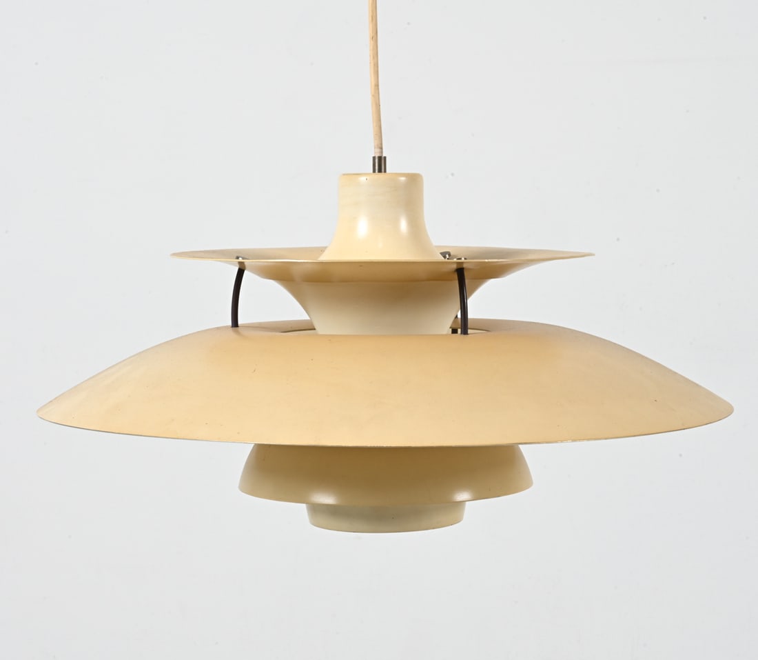 SPACE AGE PH5 PENDANT LAMP BY POUL HENNINGSEN: For Louis Poulsen. Danish, circa 1950's. Dimensions: H 10.5" x Dia. 19.75". Condition: Wiring untested. Minor surface soiling and scuffs. Minor losses to finish around edges of top piece. Wear consist