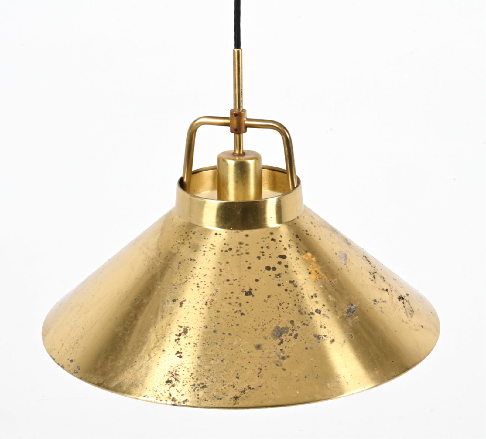 BRASS PENDANT 'TAROK' LAMP BY FRITZ SCHLEGEL: For Lyfa. Denmark, circa 1970's. Dimensions: H 14" x Dia. 17.25". Condition: Extender not included. Scuffs and scratches to finish, spots of corrosion and loss to finish. Some surface soiling.