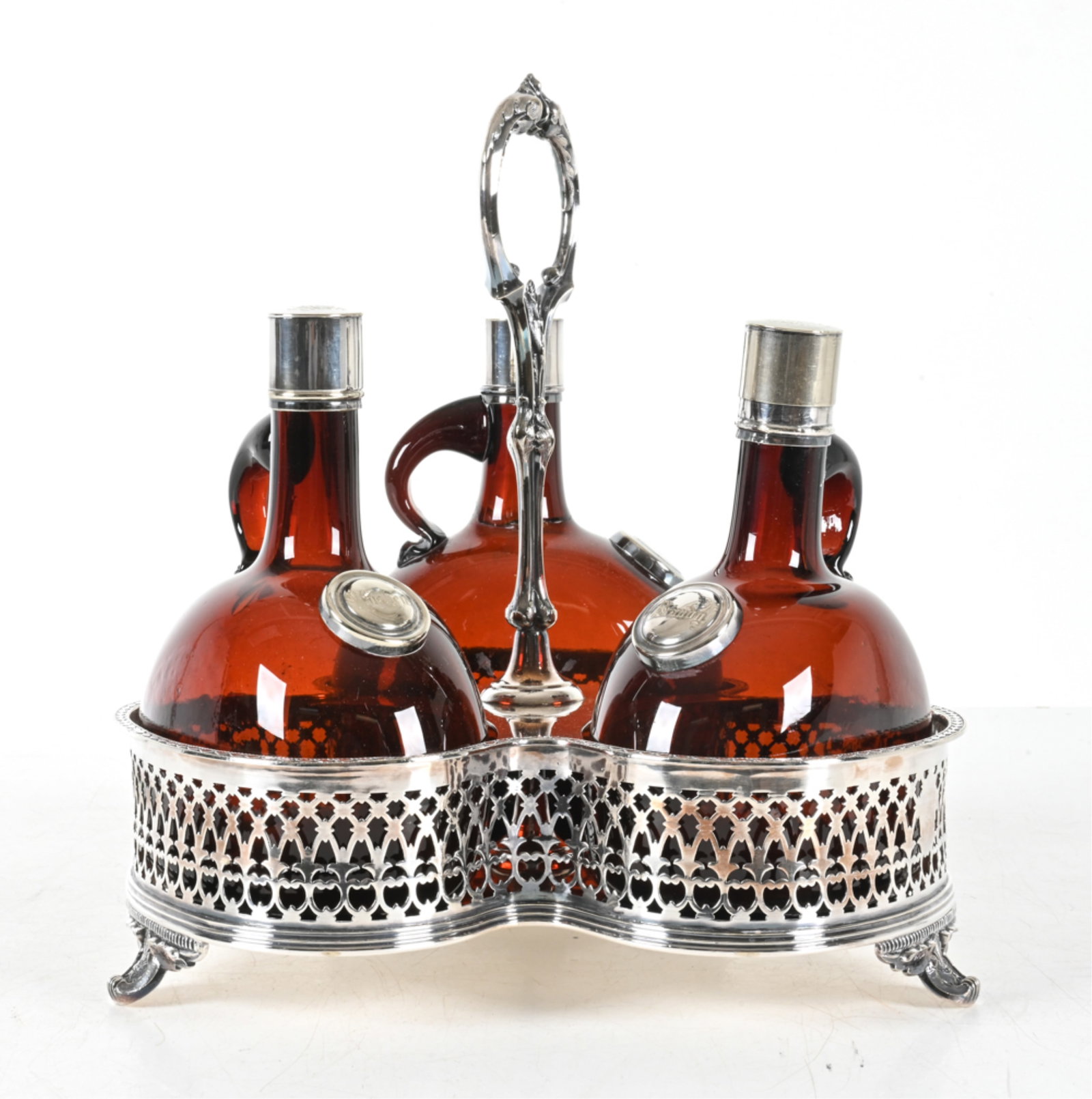 ANTIQUE SILVERPLATE TRIPLE LIQUOR DECANTER CADDY (1 of 12)