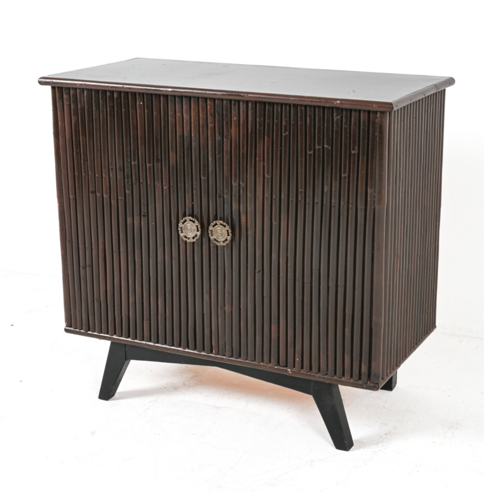 ART DECO REEDED BAMBOO SIDEBOARD CABINET: 20th century. Dimensions: H 31.75" x W 34" x D 17.25". Condition: Chips and dings, some losses to painted finish. Top inlay has some separation at corners. Hardware slightly loose. Potentially missing