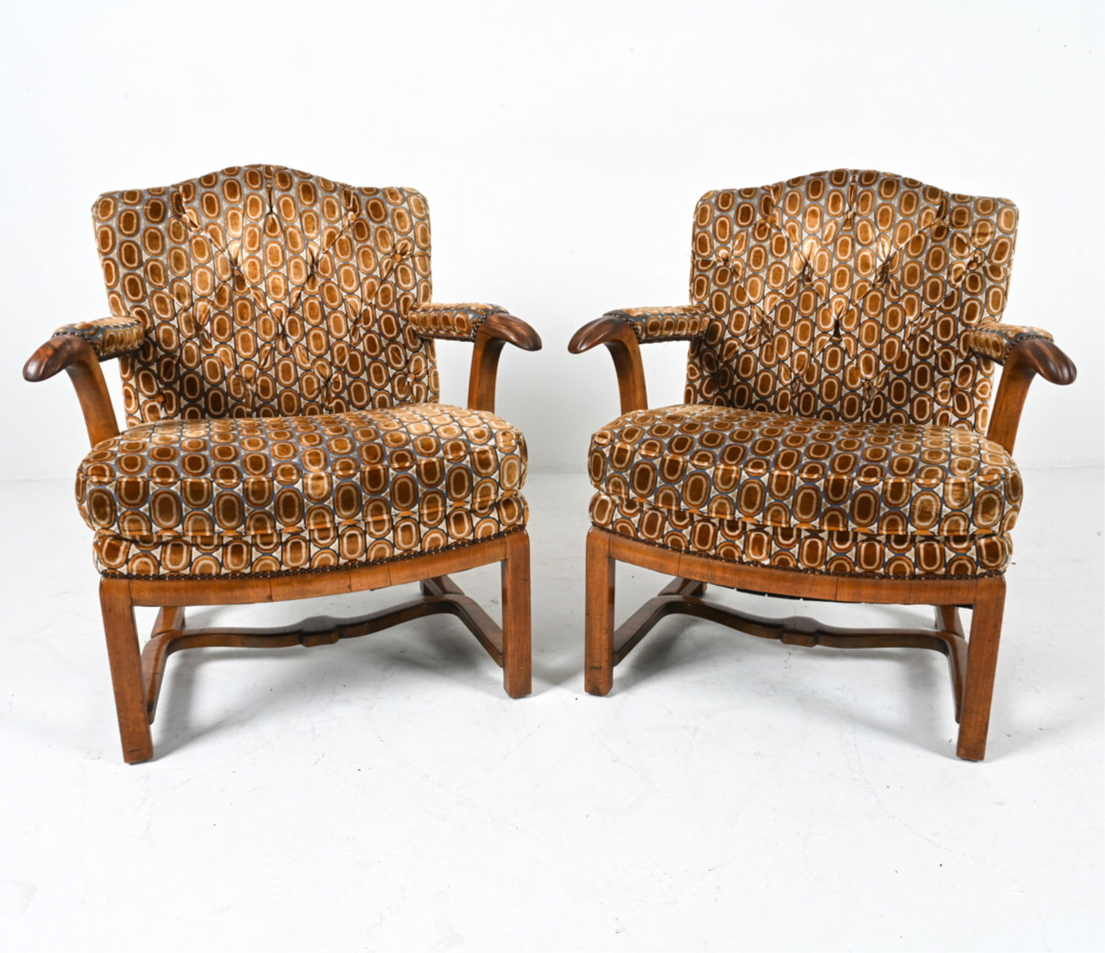 (2) VINTAGE FRENCH OAK AND VELVET ARMCHAIRS (1 of 15)