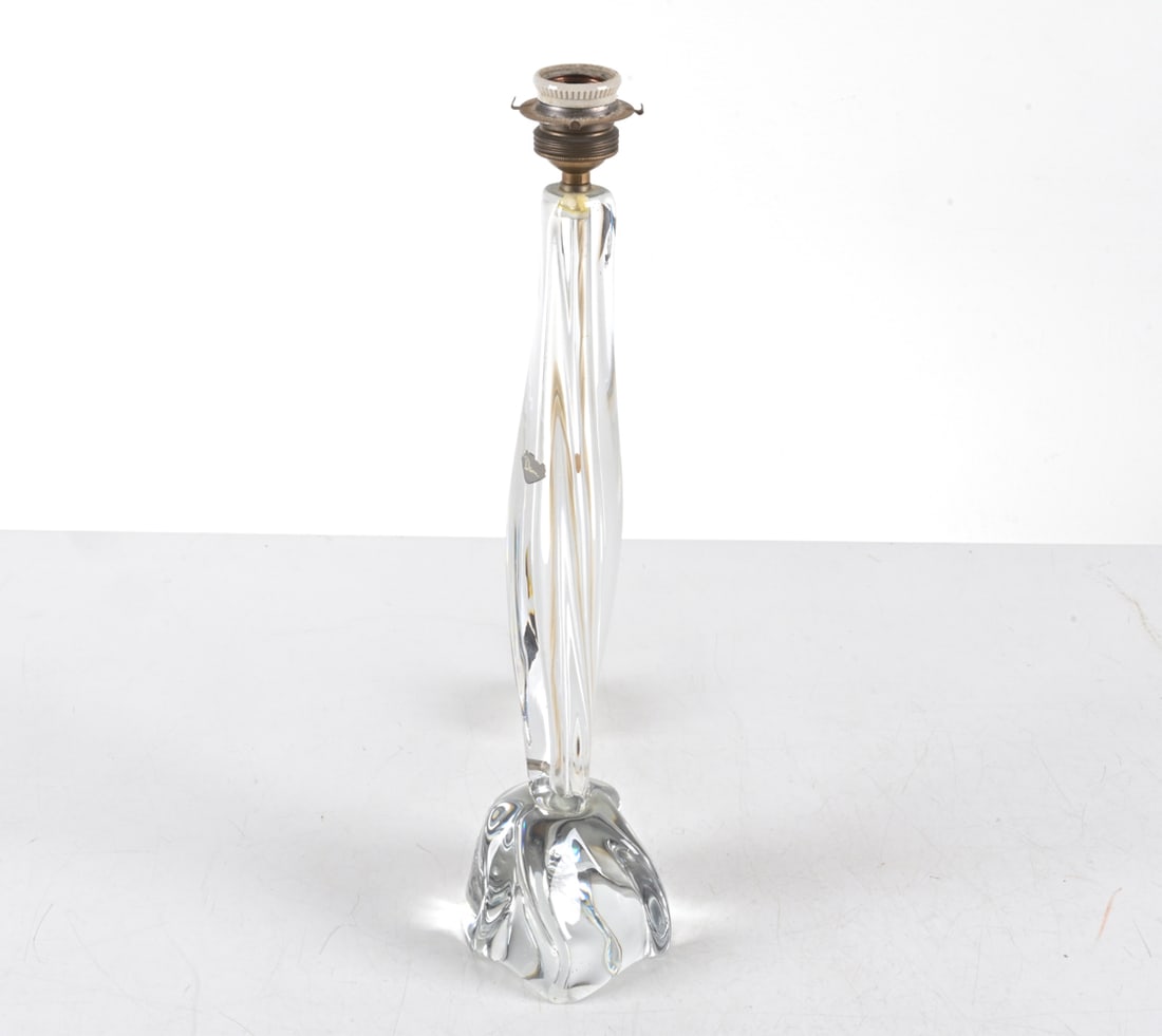 GLASS LAMP BY DAUM FRANCE: Nancy, France, Late 20th century. Dimensions: H 17.5" x Dia. 3.75". Condition: Wiring untested, European plug -requires adapter or rewiring for use in the US. Minor scuffs to glass. KON B112
