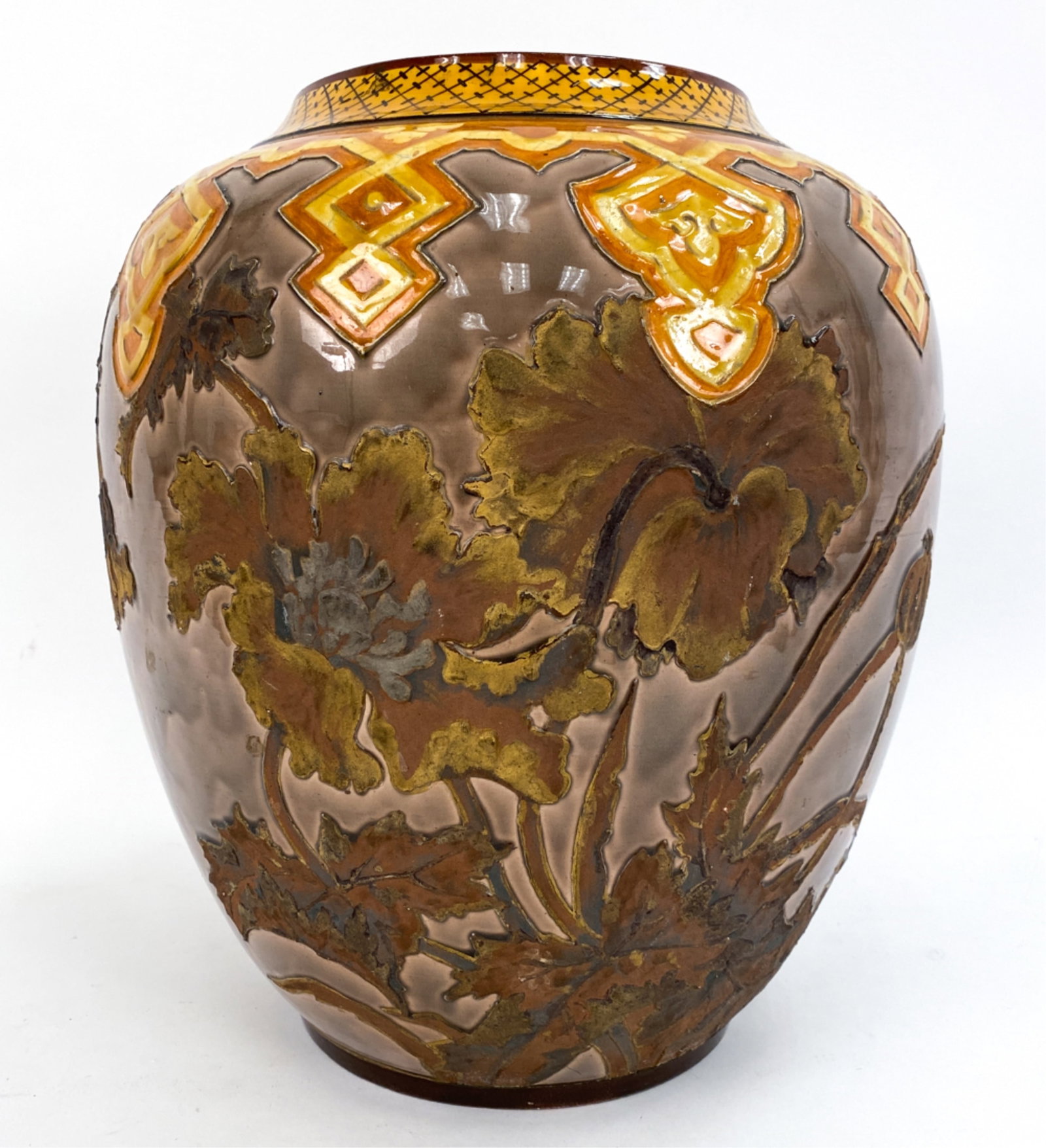 LARGE CHOISY ART NOUVEAU CERAMIC URN: Marked underneath. Dimensions: H 15.5" x Dia. 14" Condition: Showing normal signs of use/handling. Scattered small glaze skips from firing. Small chip to inner edge of upper rim including a possible h