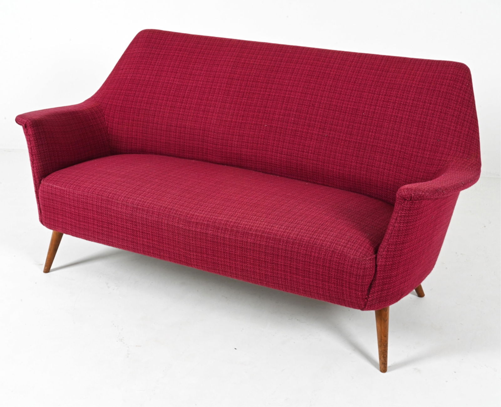 MID-CENTURY DUTCH COCKTAILSOFA C.1950'S: With teak legs. Dimensions: H 31" x W 62.25" x D 28.25" x SH 16.75". Condition: Some wear to fabric, nicks and dings to legs. PG047