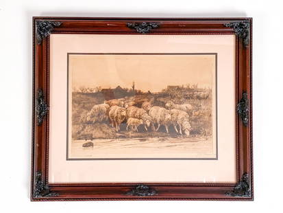 JOHN MONKS (AMERICAN, 1850-1917) ETCHING: Etching of sheep by river. Artist name and date etched lower right. Signature lower right reads as, J. A. S. Monks or John Austin Sands Monks. Dimensions: (Frame) H 19.25" x W 23.25" (Sight) H 11" x W