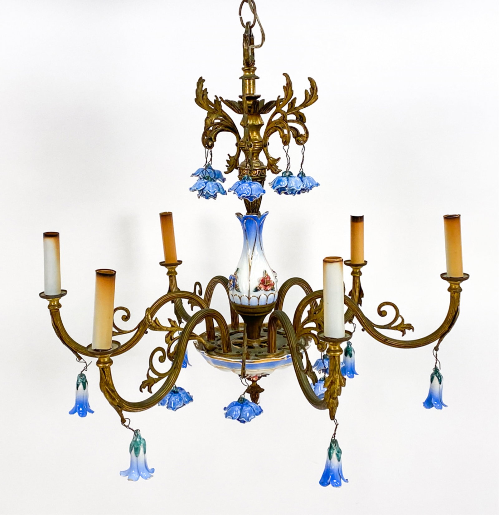 BRASS & PORCELAIN FLOWER CHANDELIER: Dimensions: H 21" x Dia. 24" Condition: Untested. Showing wear consistent with age and handling. Breaks to some metal elements. A few pieces retained. A few scattered chips.