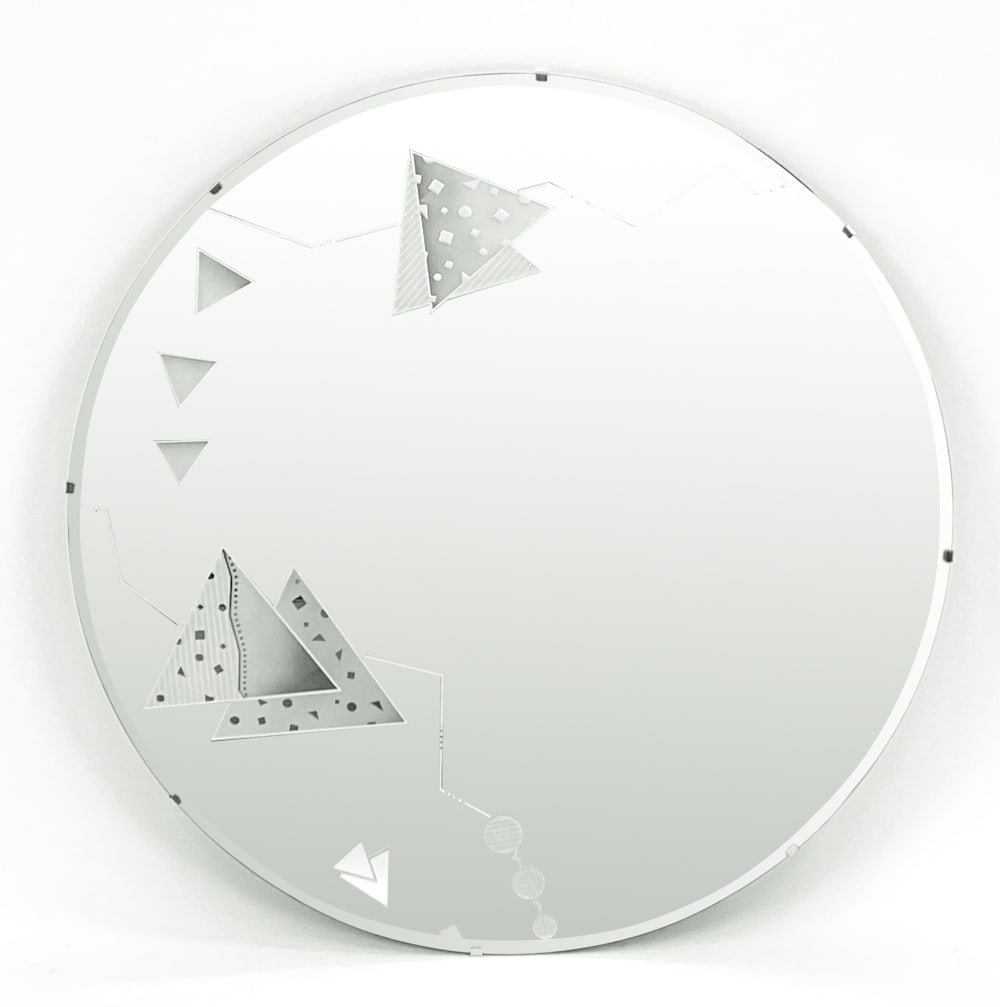 ETCHED GLASS DECO STYLE MIRROR: Unsigned, unmarked. Dimensions: Dia 36" Condition: Couple light marks around the edges.