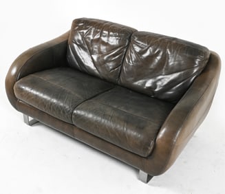ITALIAN LEATHER & CHROME LOVESEAT SOFA SOFITALIA