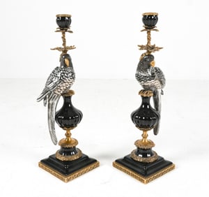(2) CERAMIC PARROT CANDLE STICKS BY WONG LEE