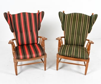(2) DANISH OAK 'EAR FLAP' WINGBACK ARM CHAIRS