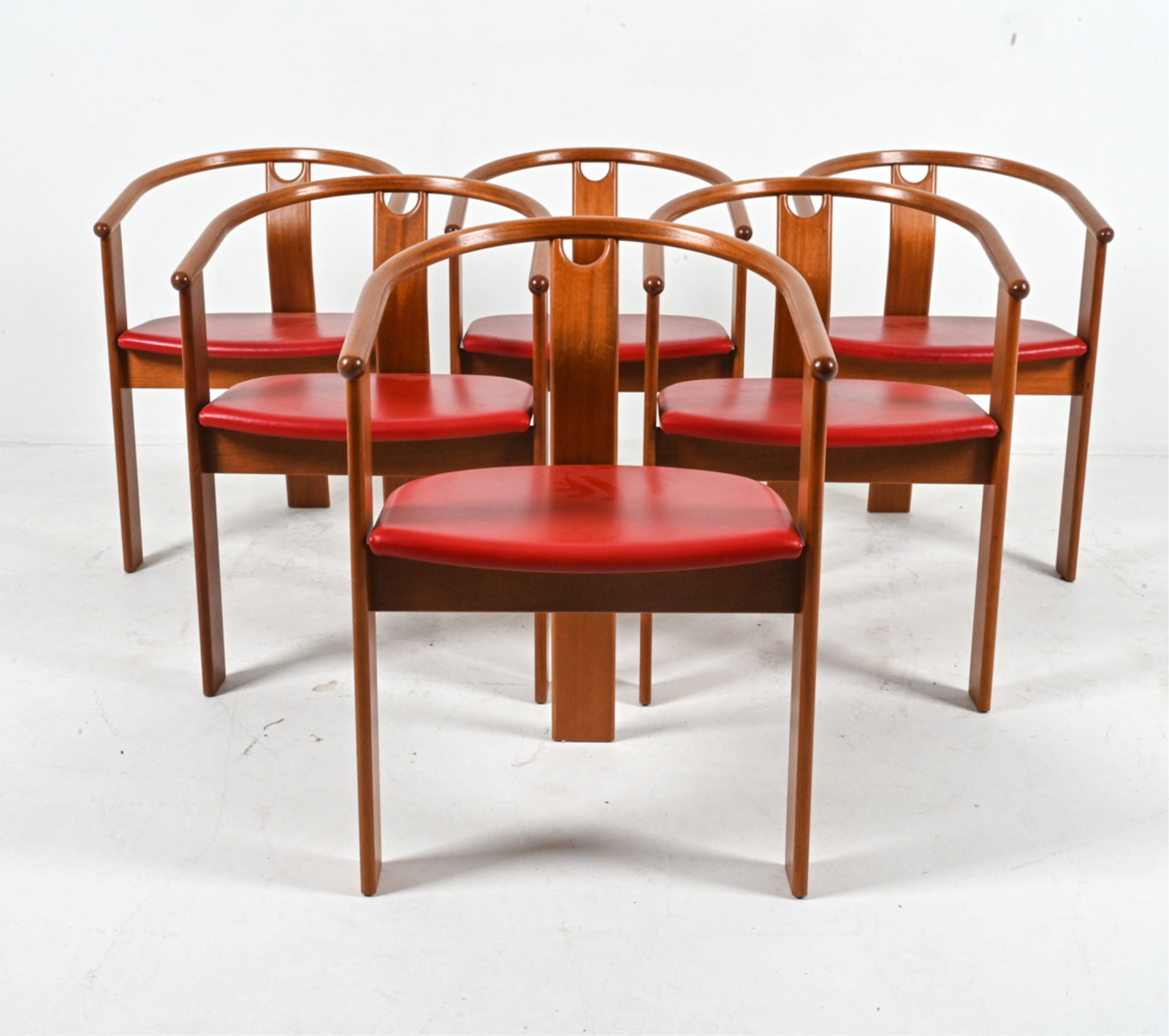 (6) TEAK ARM CHAIRS BY LANDERHOLM & LUND: For Frederica Stolefabrik. Wishbone design, model #3278 series 990. Tag under seat. Vinyl upholstery. Circa 1960's. Dimensions: H 29.25" x W 20.75" x D 18" x SH 17". Conditions: Light surface wear con