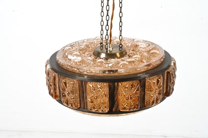 ORREFORS MID-CENTURY GLASS & TEAK PENDANT LIGHT