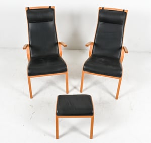 (3) DANISH BENTWOOD LOUNGE CHAIRS & OTTOMAN
