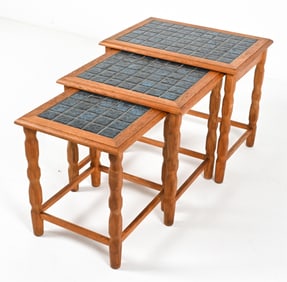 (3) DANISH OAK AND CERAMIC NESTING TABLES