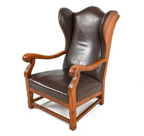 DANISH LEATHER AND OAK WINGBACK ARM CHAIR