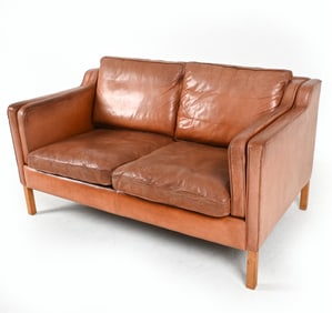 MANNER OF BORGE MOGENSEN LEATHER LOVESEAT SOFA