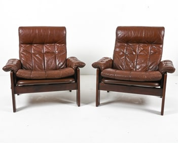 (2) BEECH AND LEATHER RECLINING LOUNGE CHAIRS