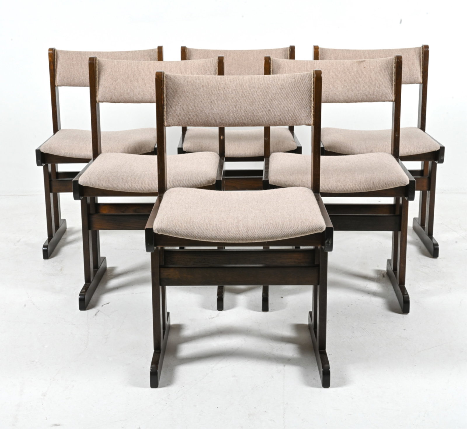 (6) OAK AND FABRIC SIDE CHAIRS BY POUL H POULSEN: For Gangso Mobler. Dark espresso stain. Wool upholstery. Circa 1960's. Dimensions: H 31.75" x W 19" x D 18.25" x SH 17.25". Condition: Some signs of wear to fabric. Wear consistent with age and use. D