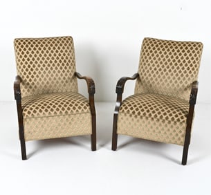(2) SCANDINAVIAN MAHOGANY DECO STYLE ARM CHAIRS