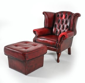 (2) CHESTERFIELD LEATHER WING CHAIR AND OTTOMAN
