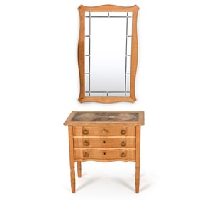 DANISH OAK MIRROR AND CHEST WITH CERAMIC MOSAIC