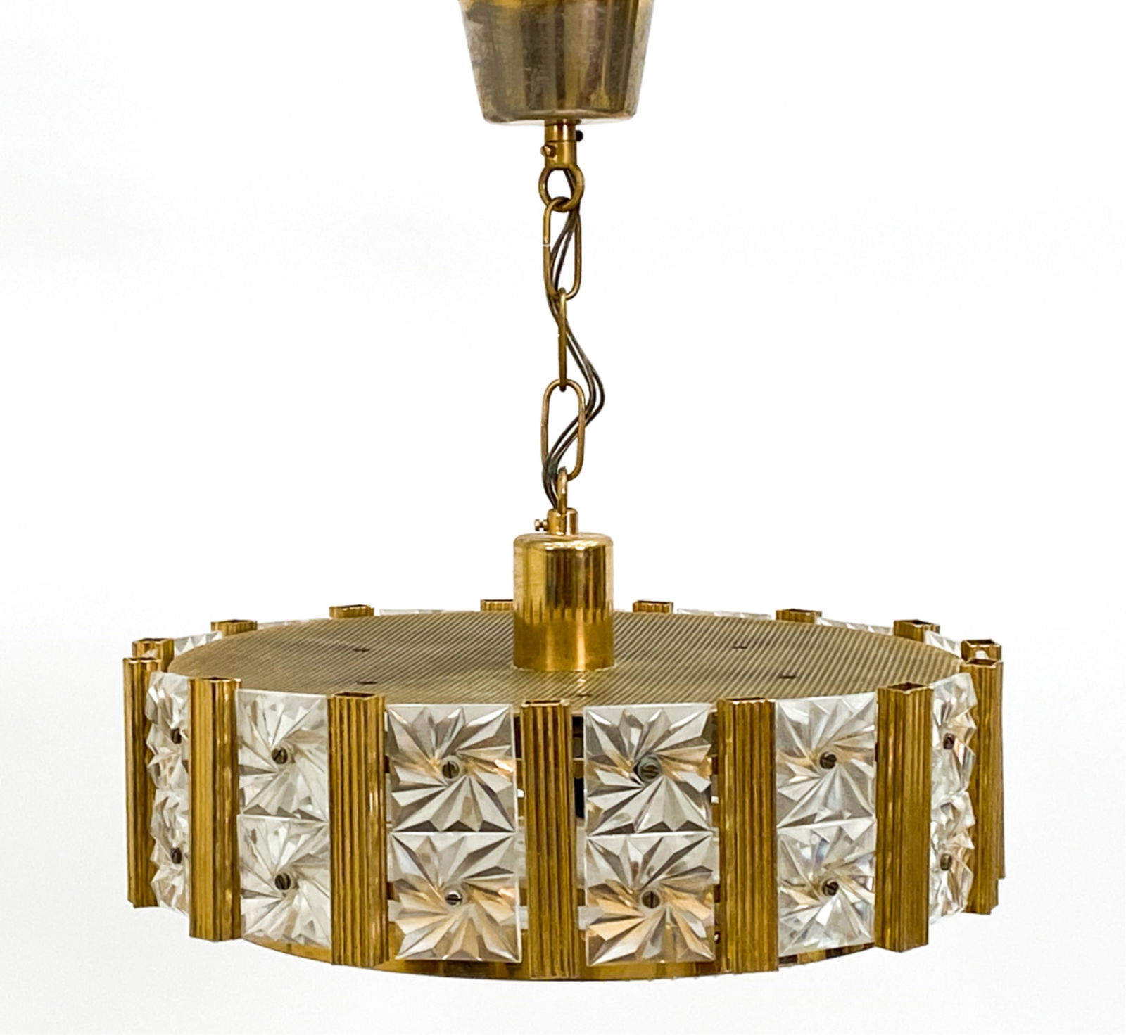 CARL FAGERLUND FOR ORREFORS PENDANT CHANDELIER: Apparently unsigned. Circa 1960's. Dimensions: (Fixture) H 7" x Dia 15" Condition: Untested. One small edge chip to a glass Prism on the side. E219