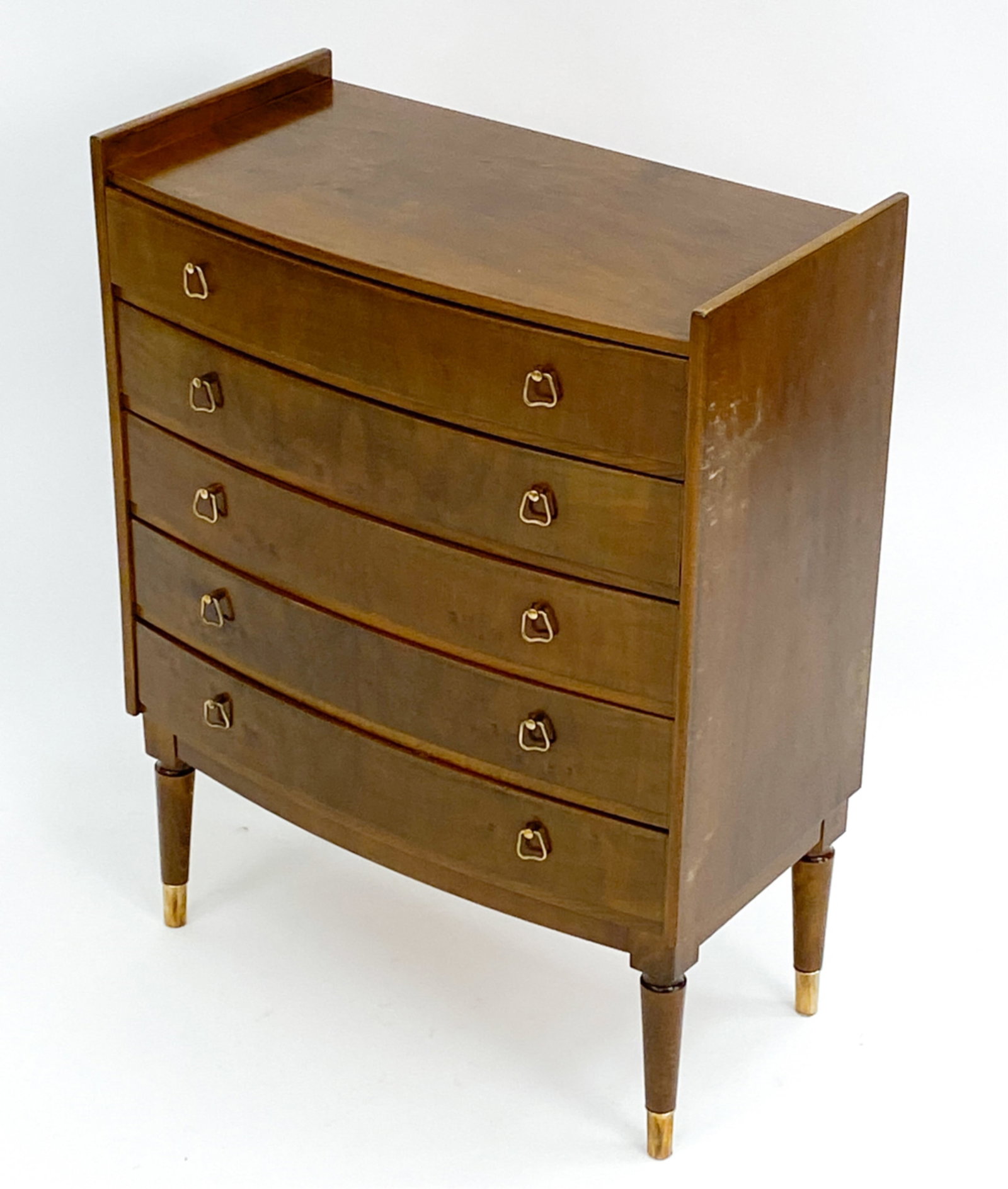 DANISH BEECH CHEST ATTR. FRODE HOLM, C. 1970'S: 5-drawer beechwood chest attributed to Frode Holm. Apparently unsigned. Dimensions: H 29" x W 22" x D 12" Condition: Light residue to finish on top. Some wear to interior of drawers. Wear consistent w