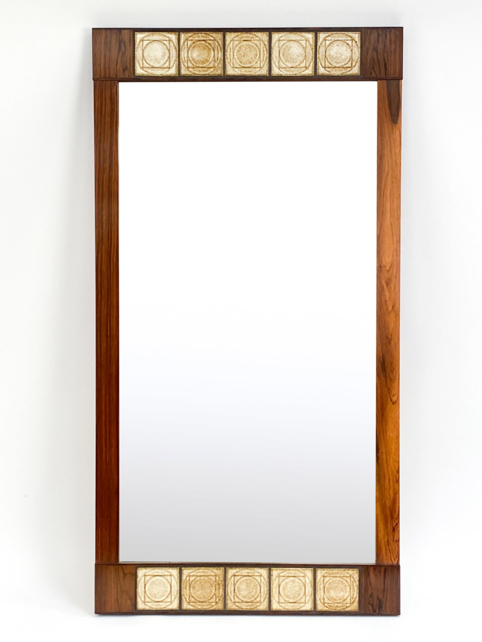 SWEDISH ROSEWOOD & TILE MIRROR: Unsigned. With wire for hanging. Dimensions: H 40.75" x W 21.25" Condition: small handling marks. E196