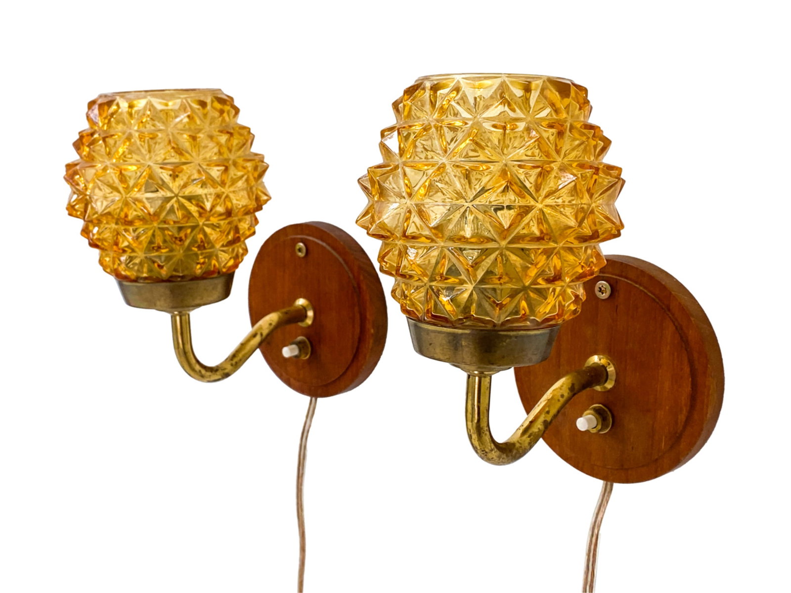 PAIR SCANDINAVIAN GLASS, BRASS, AND WOOD SCONCES (1 of 9)