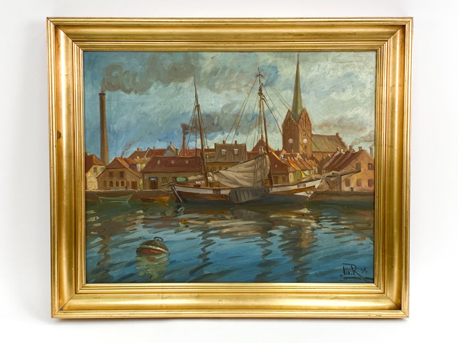 DANISH HARBOR VIEW 20TH C. O/C PAINTING (1 of 7)