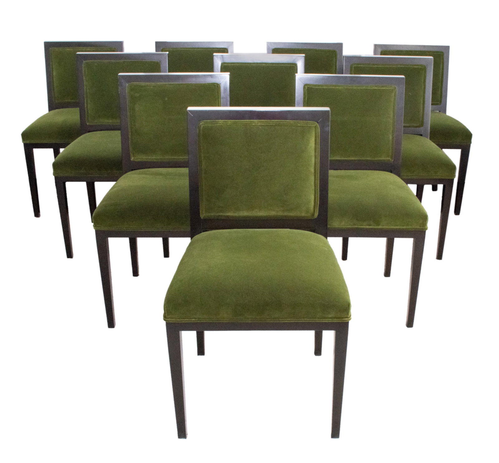(10) DERING HALL DINING CHAIRS: In olive green velvet (newly recovered). Dimensions: H 35.5" x W 20.5" x D 19" S.H. 21". Condition: Good used condition.