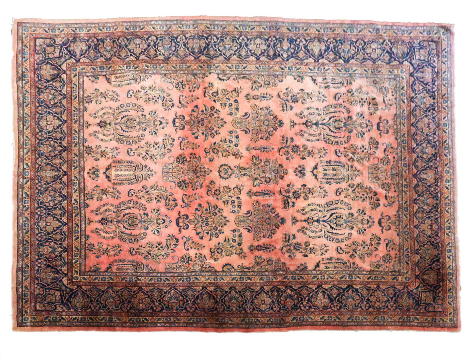 PERSIAN SAROUK RUG: Dimensions: L 166" x W 122". Condition: Fading throughout, loss of pile, some loss to edges. Wear consistent with age and use.