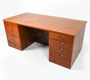 DANISH MAHOGANY PARTNER'S DESK: Manner of Ole Wanscher. Key included. Drawers on both sides, with interior locking mechanism. Mid 20th century. Dimensions: H 30" x W 72" x D 35". Condition: Minor scuffs and dings, some scratches in