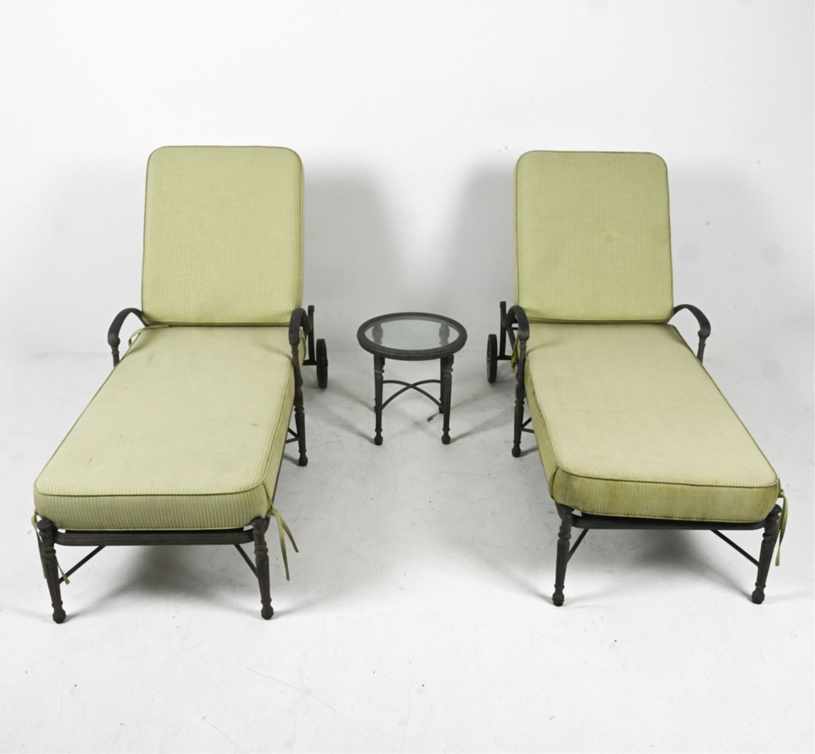 PAIR OUTDOOR CHAISE LOUNGES & TABLE BY WOODARD (1 of 14)