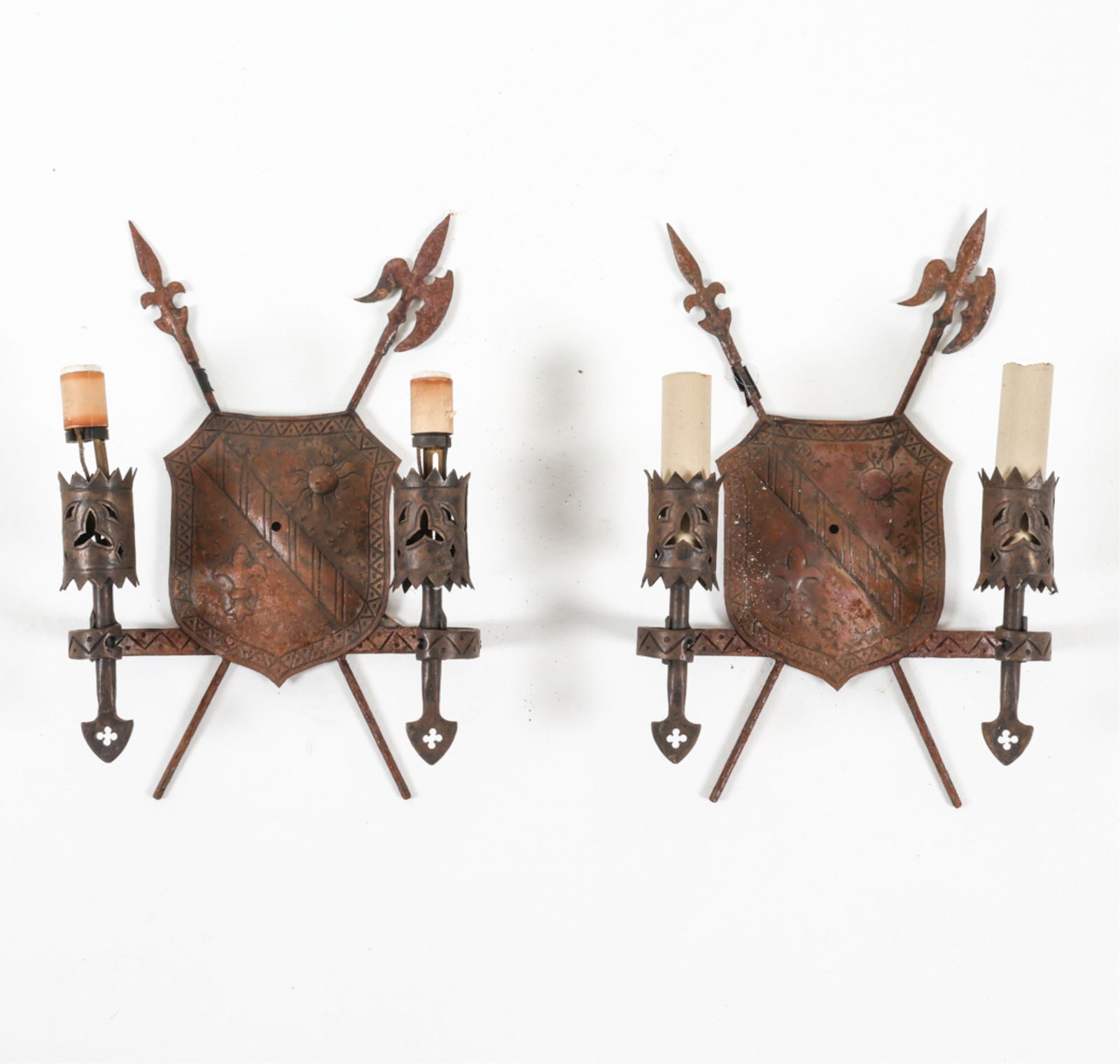 (2) IRON SHIELD BACK SCONCES (1 of 14)