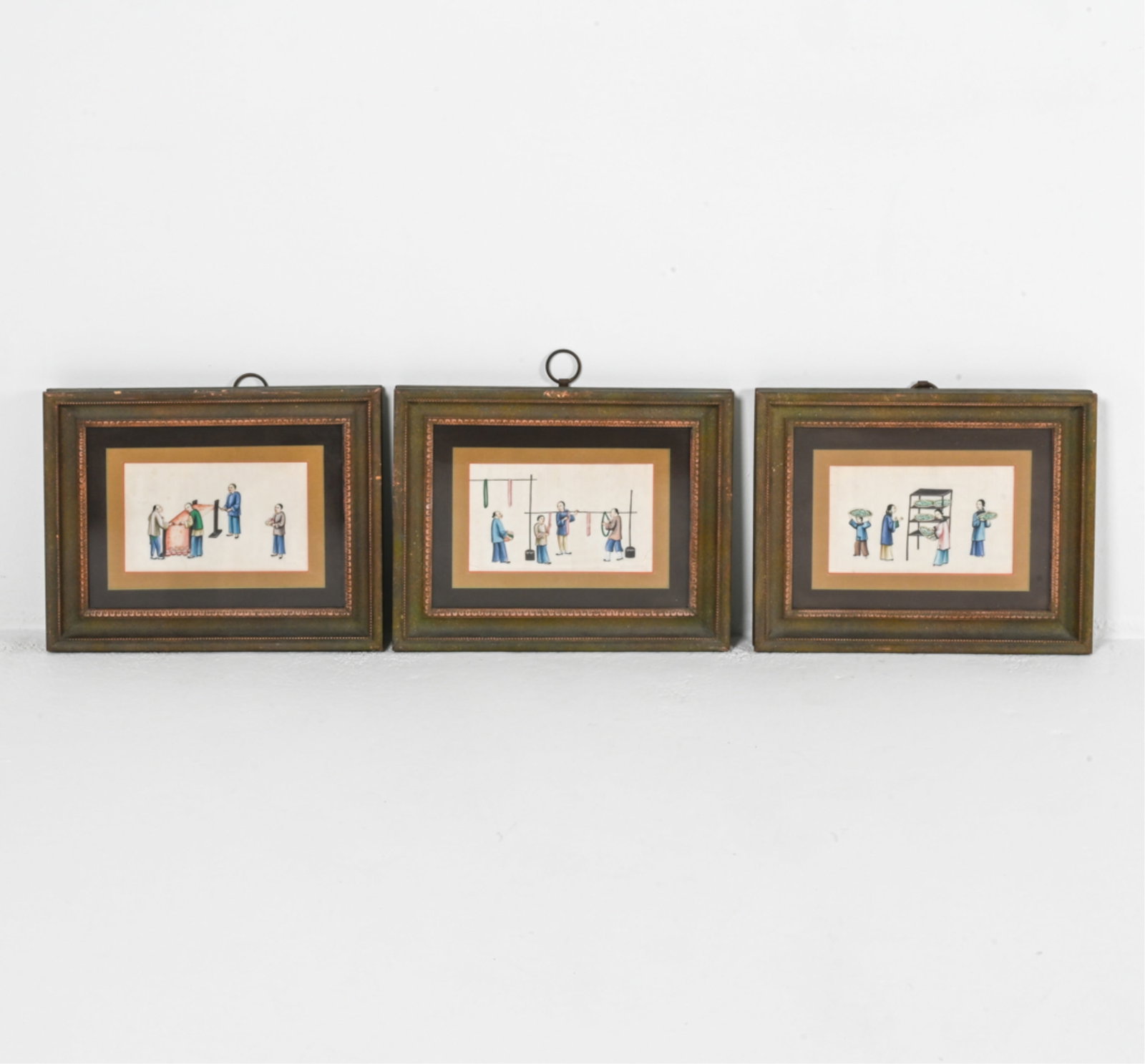 (3) ANTIQUE CHINESE PITH PAINTINGS: Gouache on rice paper. Illustrations of daily life. Late 19th century. Dimensions: Frame H 17.25" x W 22". Sight H 7" x W 12". Condition: Some tears on papers. Some foxing visible on edges. Scuffs, di