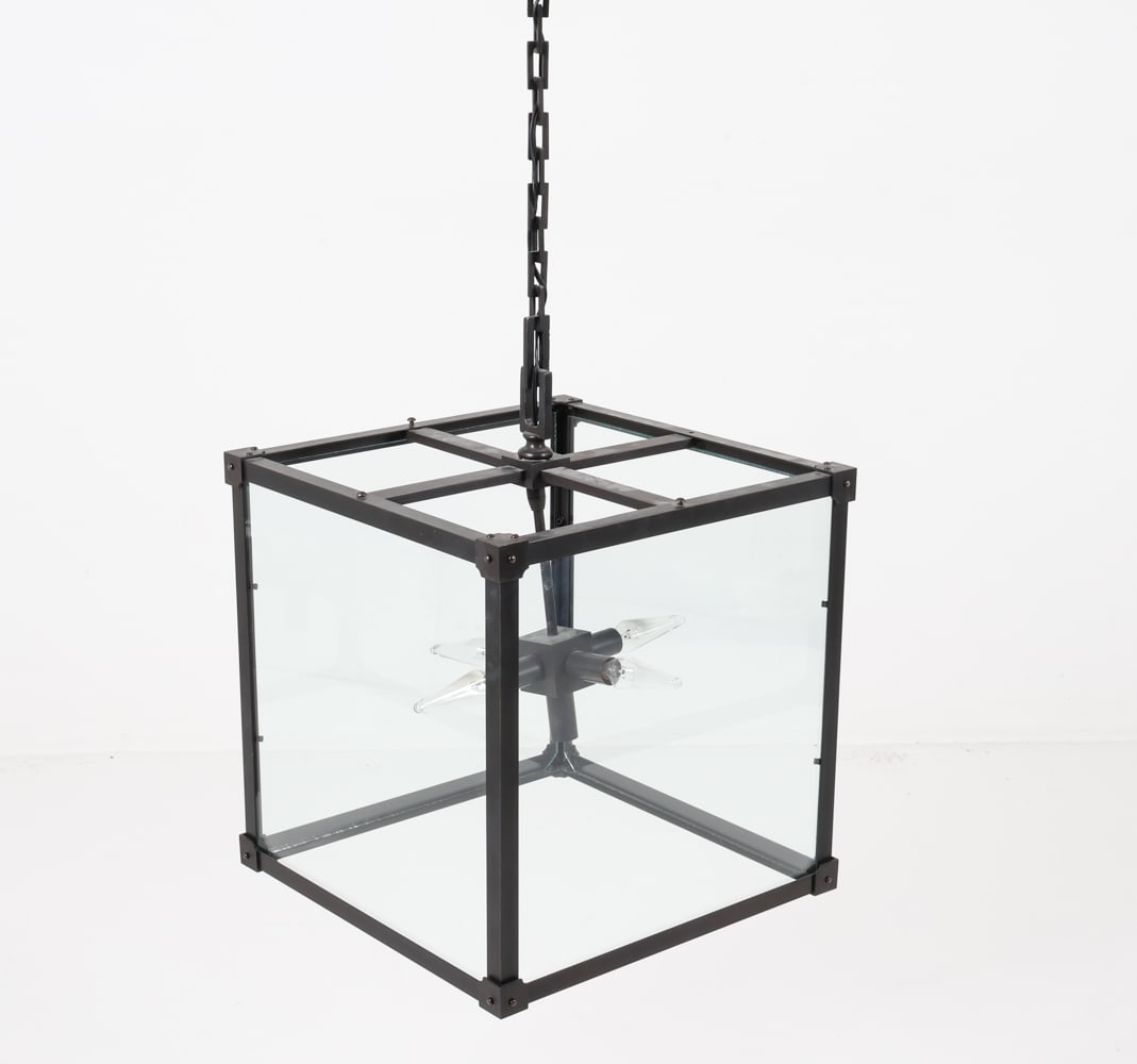 MARLOW-24 CEILING LIGHT BY REMAINS: From the Marlow Series. Oil rubbed bronze finish. (4) glass panels on sides. Contemporary. Dimensions: H 16" x W 16" x D 16". Condition: Wiring untested. Some light scuffs and dings to finish.