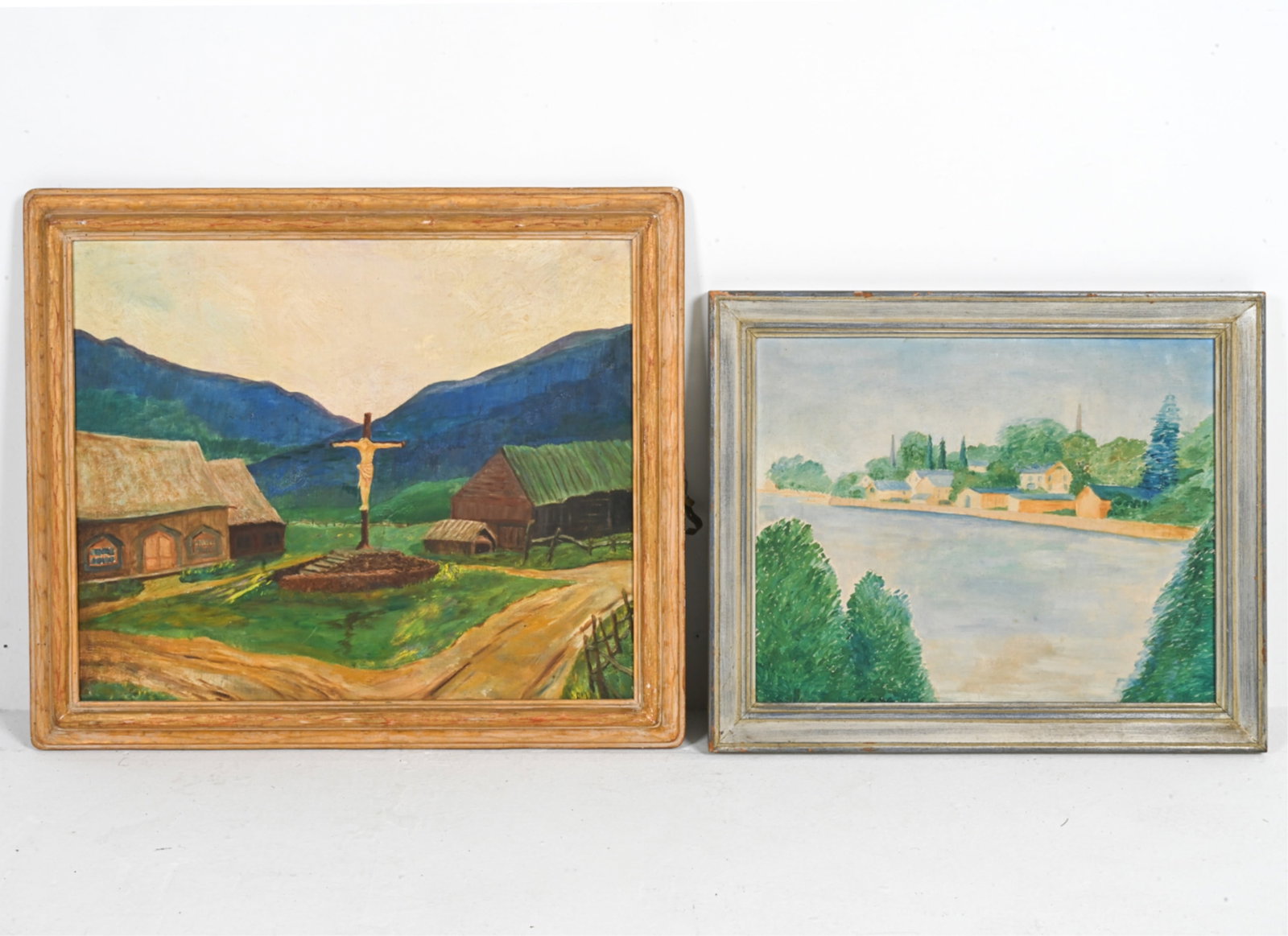 (2) ORIGINAL 20TH C. OUTSIDER ART A/B PAINTINGS: Includes (1) acrylic on board landscape painting of Westport. Signed and dated by artist on back, 'Maitland F. Griggs, 1936'. Together with acrylic on board religious painting depicting Christ on the 