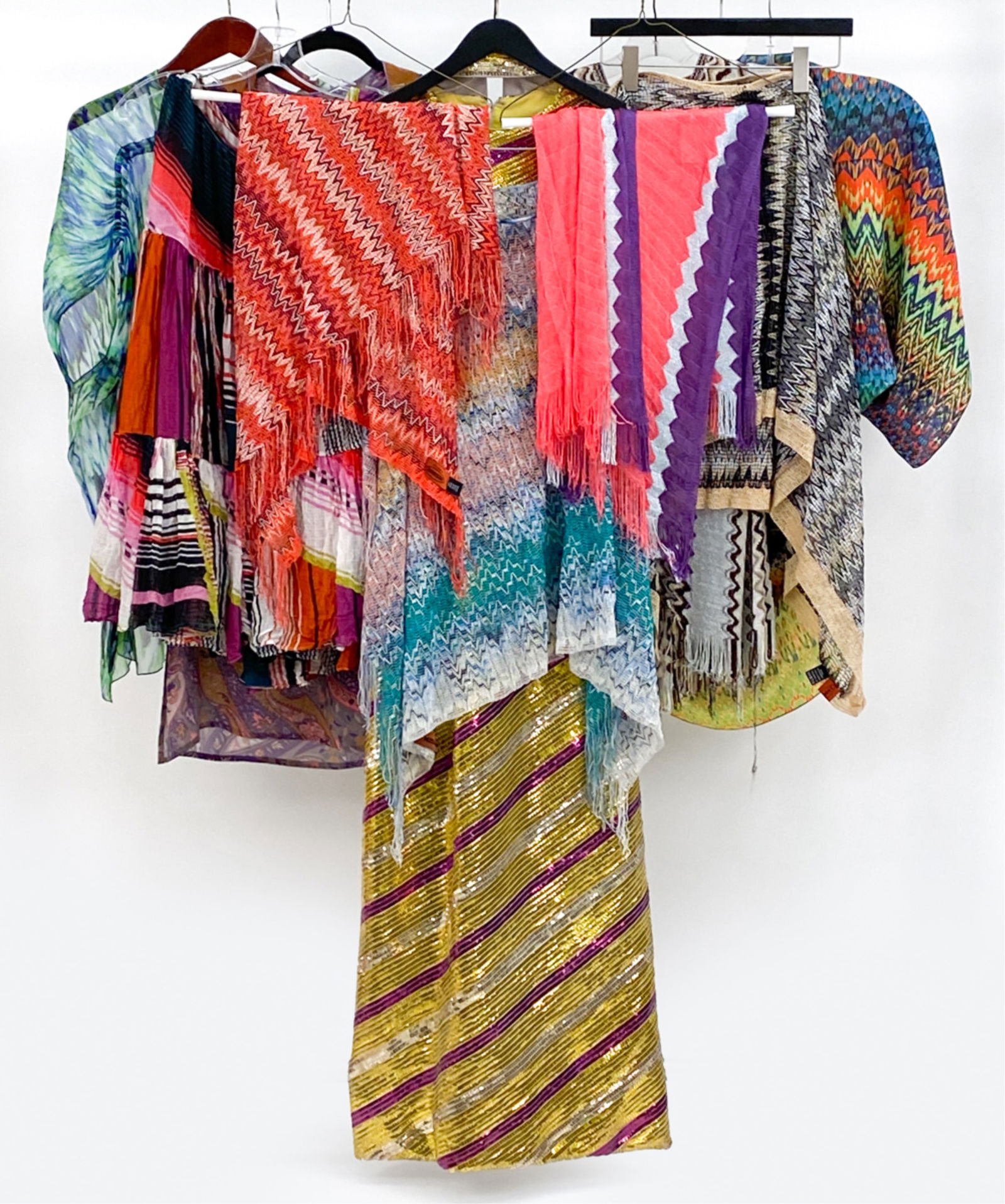 (10) GROUPING OF DESIGNER TUNICS ETC.: Various clothing Missoni woven shawl Jean Paul Gautier sheer cover up Missoni Multi Stripe shawl Etro Silk Embroidered tunic, size 44 Missioni multiprint fringe tunic, 34" waist Vintage sequin full go