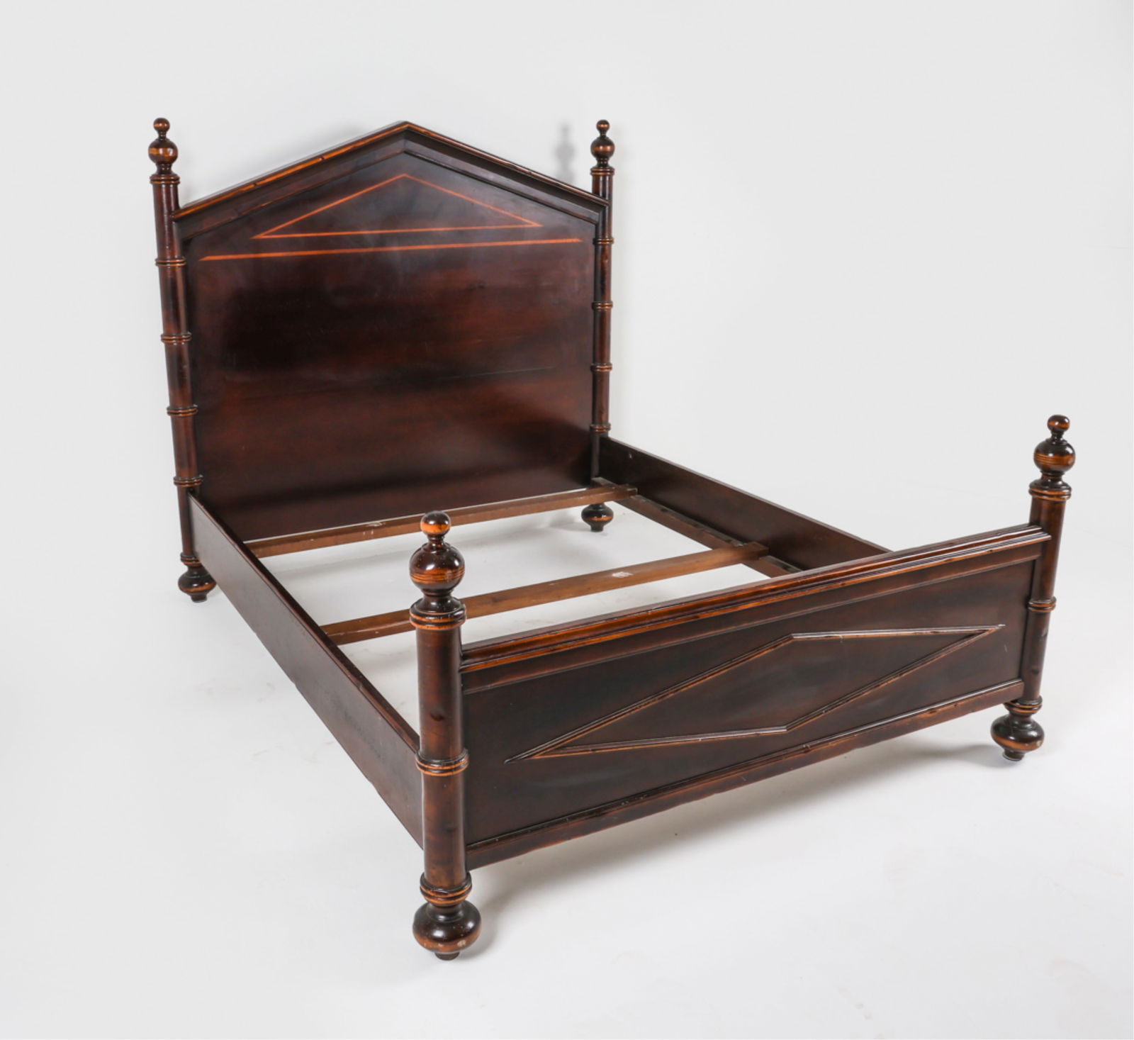 VINTAGE ITALIAN WALNUT BED FRAME BY GUIDO ZICHELE: Label on footboard, inside. Solid maple with walnut veneer. Dimensions: H 64" x W 69" x D 90". Interior W 63" x D 81". Condition: Some areas of wear, scuffs, dings, and rubs to finish. Light surface s