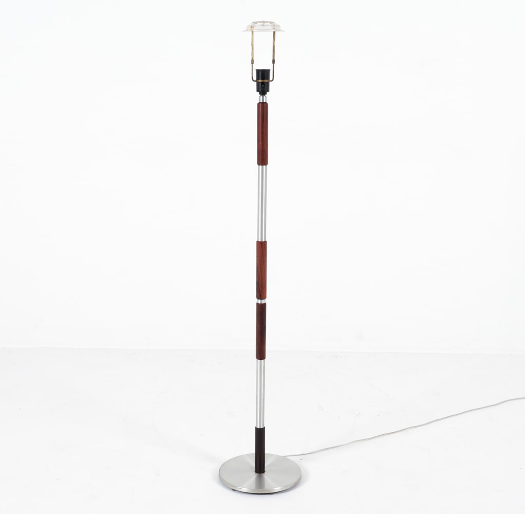 DANISH ALUMINUM & TEAK FLOOR LAMP, C.1970S: Dimensions: H 51" x Dia. 9.75" Conditions: No shade included. A few scattered scuffs and scratches to metal base and shaft, Wear consistent with age and use. DMH161