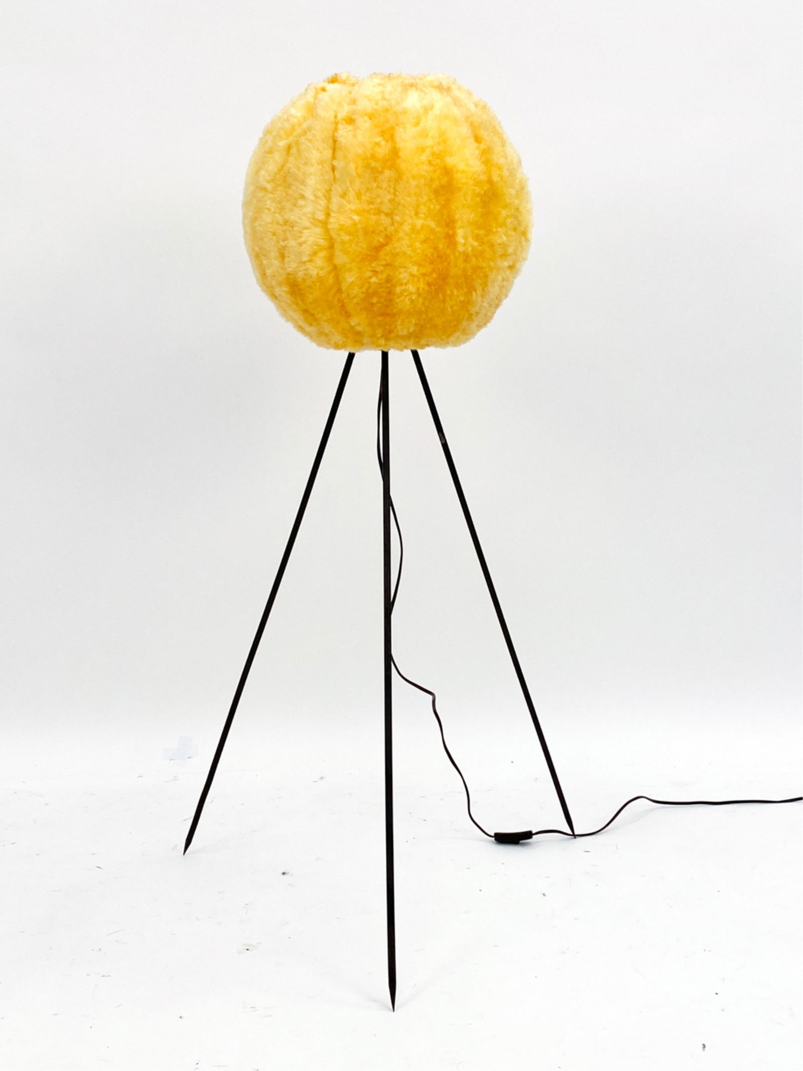 DUTCH COCOON FLOOR LAMP. C.1960'S: Fabric Cocoon floor lamp 1960's with yellow poof top and spiked iron legs. Dimensions: H 46" x D 30" Condition: European plug. not tested. Oxidation to iron posts. PH129