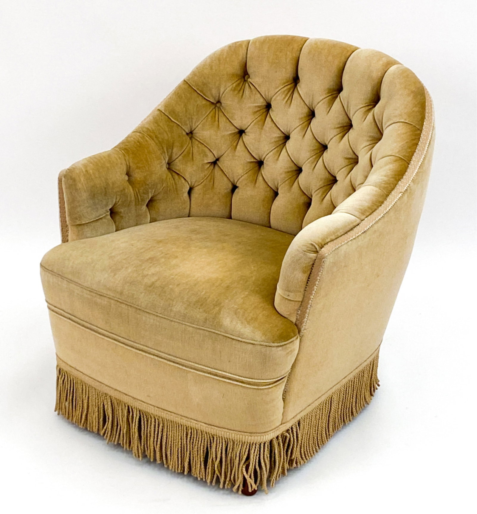DUTCH MOHAIR TUFTED LOUNGE CHAIR, C. 1950'S: Dutch armchair in mohair with a tufted back. unsigned Dimensions: H 30" x W 28" x D27 " x SH 17 " Condition: fabric appears original. Marks to upholstery. Normal finish wear consistent with age and us