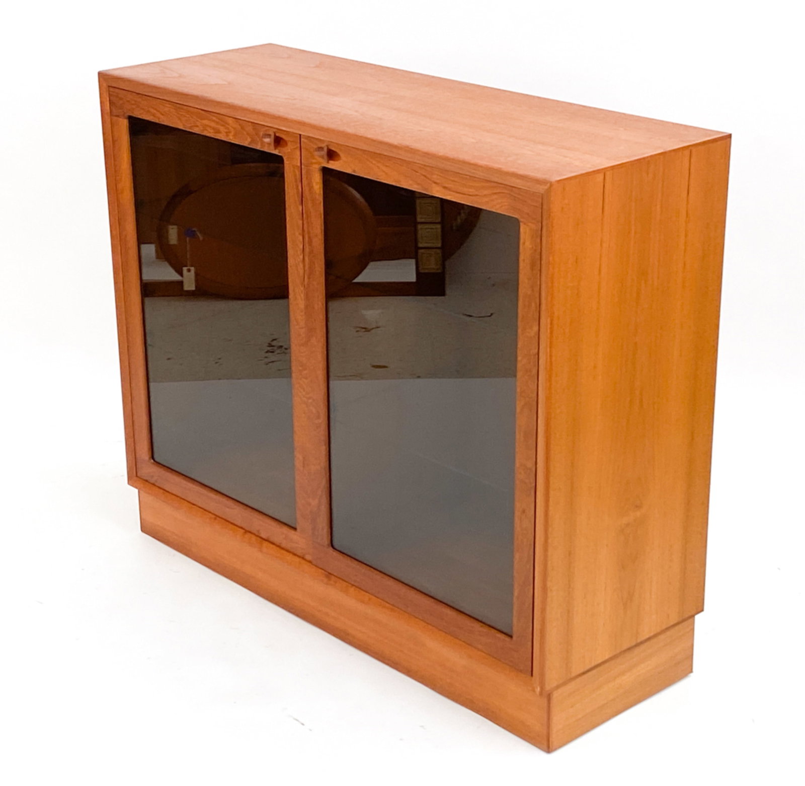 DANISH TEAK & GLASS DISPLAY CABINET FOR BRAMIN: Circa 1960's. Glass shelves to interior. Dimensions: H 41" x W 49" x D 18" glass shelves W 23" x D 16" Condition: wear consistent with age and use. PH123