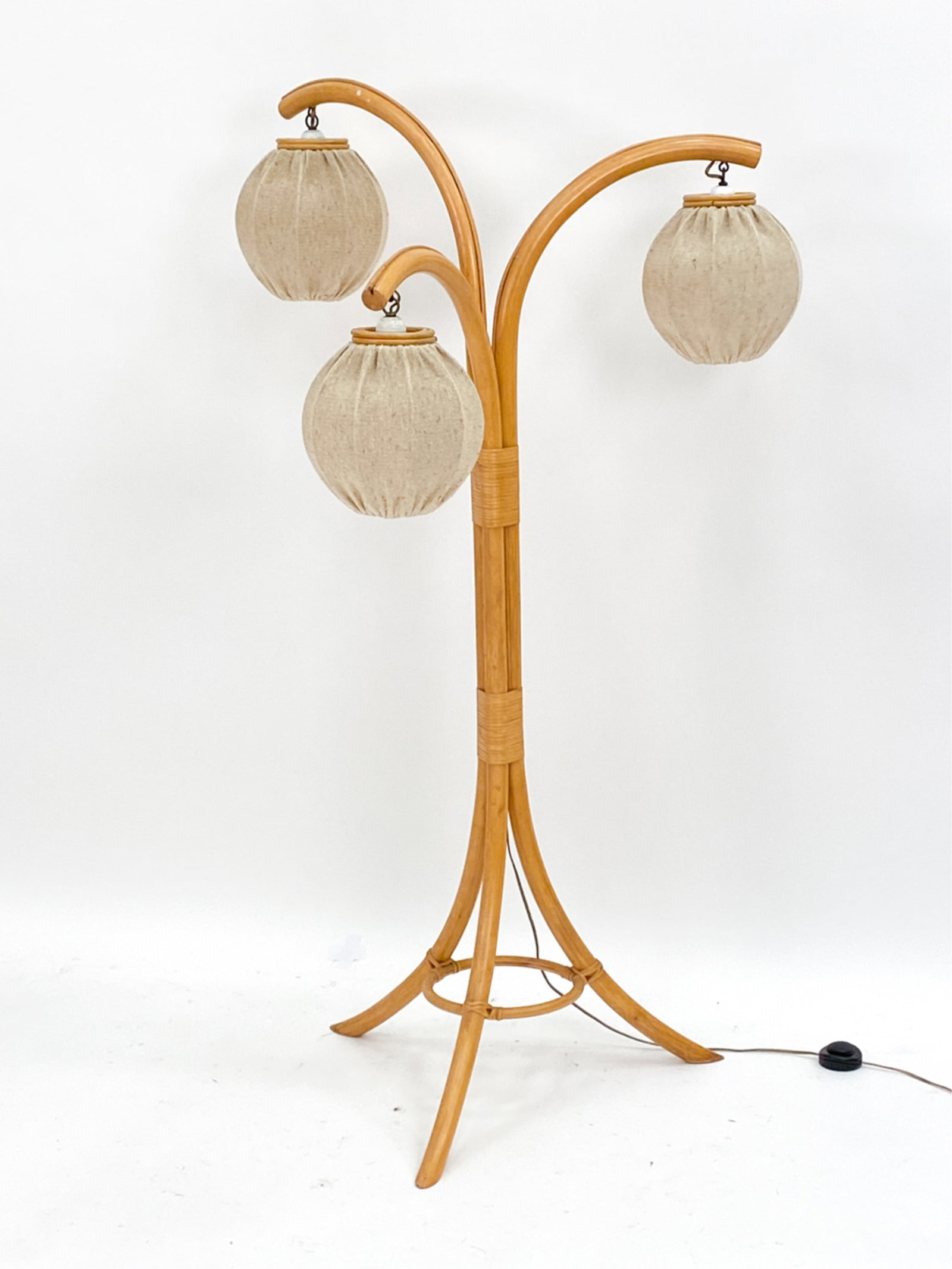DUTCH BAMBOO 3 ARM FLOOR LAMP. C.1970'S: Bamboo 3 arm floor lamp, each arm a different height 1970. Dimension: H (tallest arm) 58" x D 28" Condition: wear consistent with age and use. European plug. Not tested. PH008