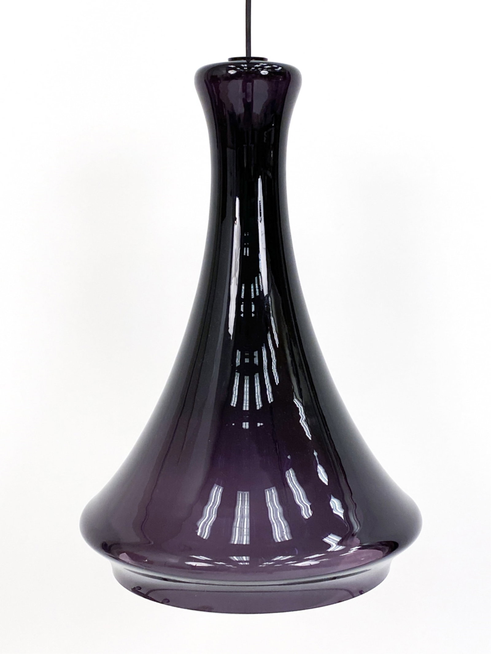 DANISH FOG & MORUP HOLMEGAARD GLASS LAMP: Purple art Glass by Fog & Morup Holmegaard. Circa 1960's. Dimensions: H 21" x D" 14.5" Condition: Showing normal signs of use. Loss to top portion of interior shade. Cut cord. Not tested. PH112