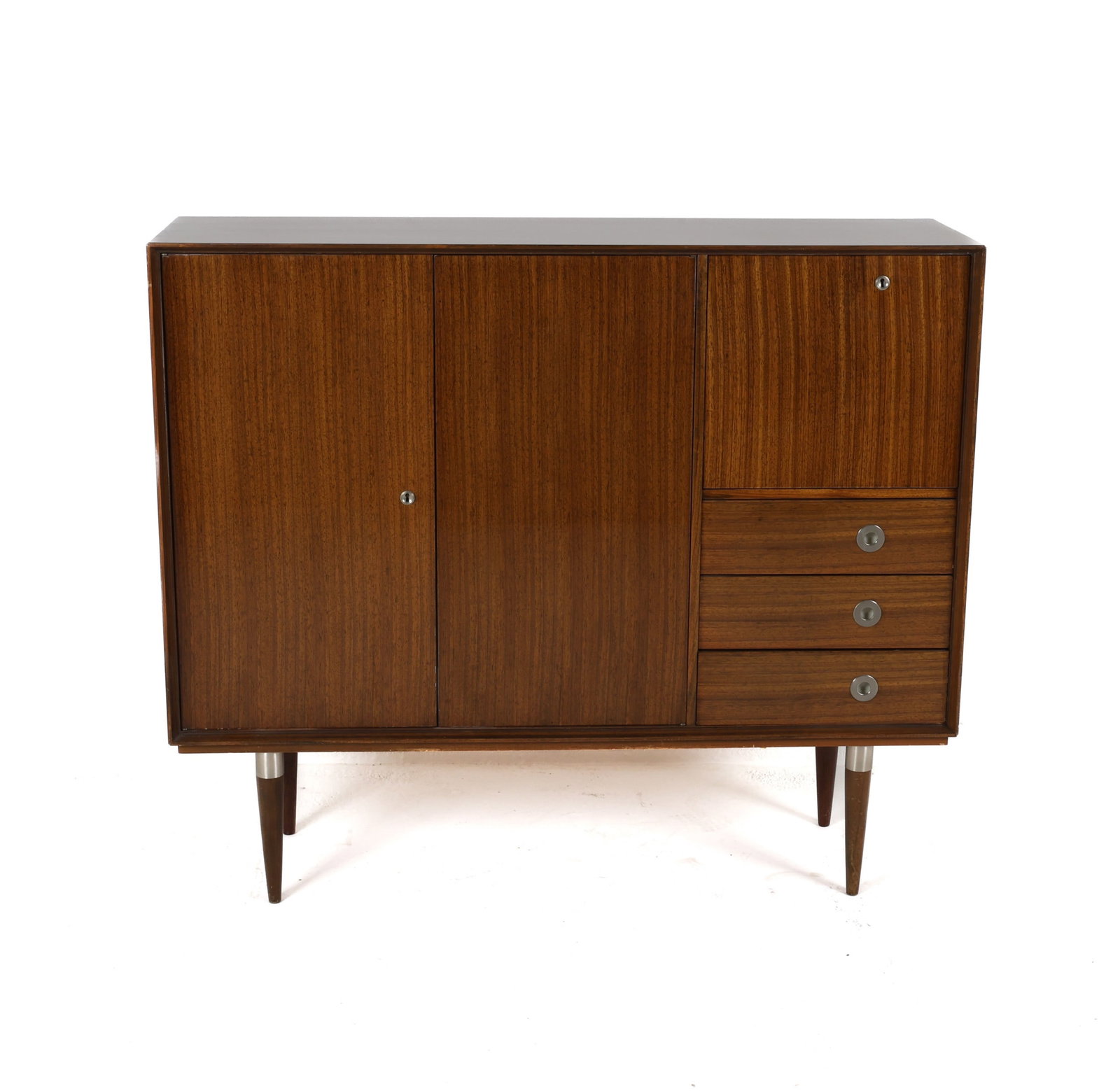 MID-CENTURY LACQUERED OAK SIDEBOARD: Key included. With dry bar. Aluminum inset drawer pulls. Tapered legs, with chrome rings at tops. Adjustable shelves. Circa 1960's. Dimensions: H 47.5" x W 55.5" x D 15.75". Condition: Light surface s