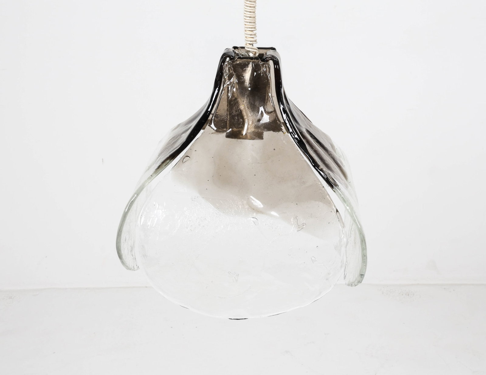 GLASS FLOWER CHANDELIER BY CARLO NASON: For Mazzega. Hand blown glass 'petals'. Italy, circa 1960's. Dimensions: H Shade 14" x H to Canopy 30.5" x Dia. 14". Condition: Wiring untested. Suspension mechanism not functional. Minor surface soil