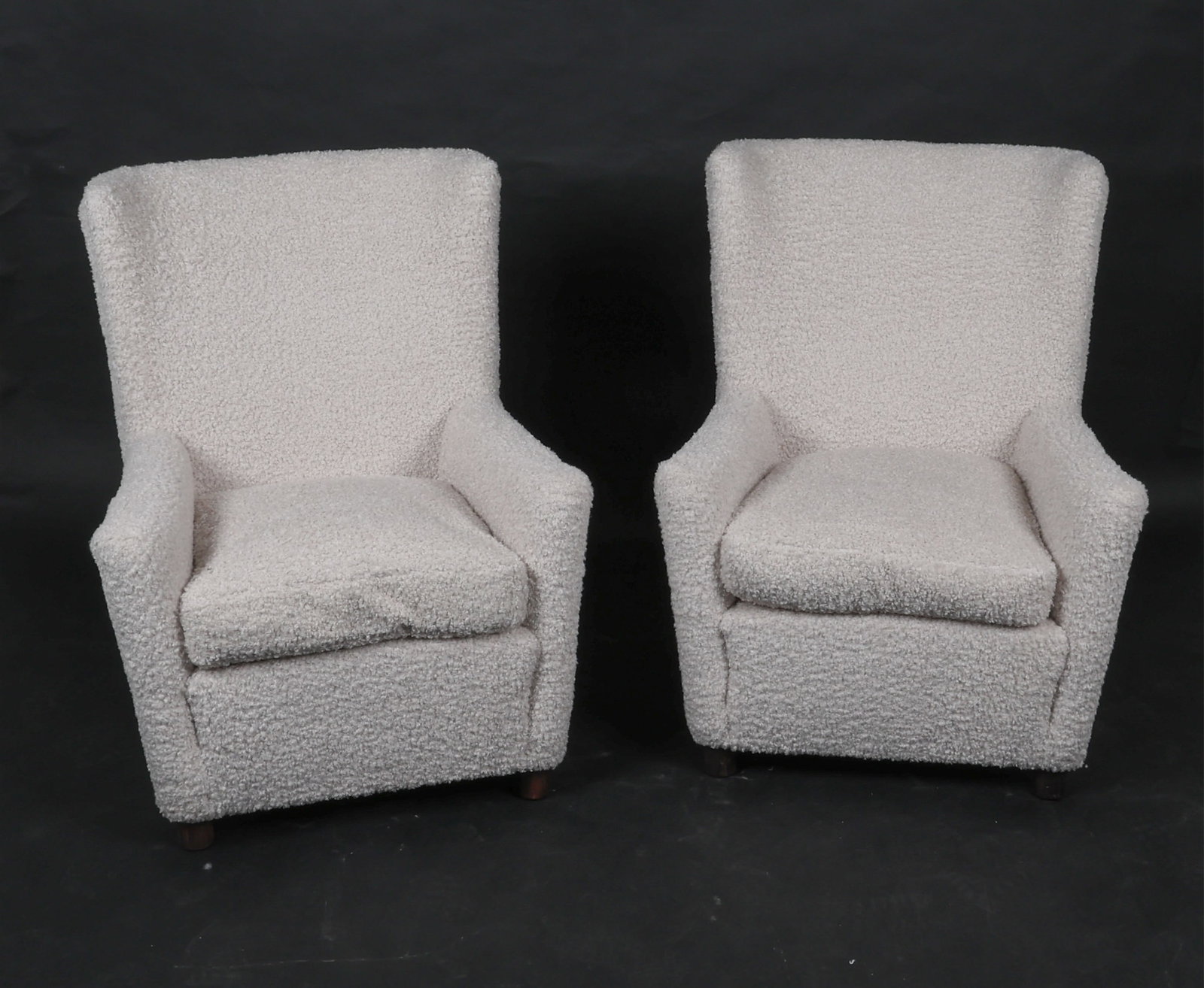 (2) ITALIAN ARMCHAIRS IN WHITE BOUCLE: Mid 20th century. Dimensions: H 37.75" x W 29.75" x D 26.5" x SH 17.75". Condition: Minor scuffs to legs. Newly reupholstered. Good presentation overall. KONC053 KONC054